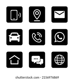 Informational black square icons. Letter, home, car, phone, internet, social networks