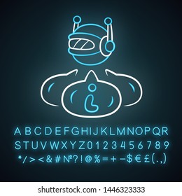 Informational bot neon light icon. Artificial intelligence. Access to data. Machine learning, software application. Glowing sign with alphabet, numbers and symbols. Vector isolated illustration