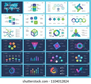 Informational chart design set for business presentation concept. Can be used for workflow layout, annual report, web design. Process chart, option chart, flowchart, comparison graph, bar graph