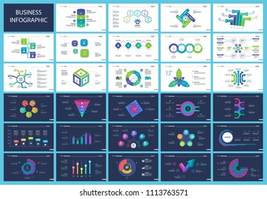 Informational chart design set for business presentation concept. Can be used for workflow layout, annual report, web design. Process chart, option chart, flowchart, comparison graph, bar graph