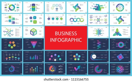 Informational chart design set for business presentation concept. Can be used for workflow layout, annual report, web design. Process chart, option chart, flowchart, comparison graph, bar graph