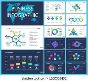 Informational chart design set for business presentation concept. Can be used for workflow layout, annual report, web design. Process chart, option chart, flowchart, comparison graph, bar graph
