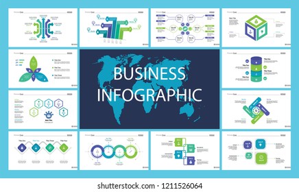 Informational chart design set for business presentation concept. Can be used for workflow layout, annual report, web design. Process chart, option chart, flowchart, comparison graph, bar graph