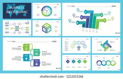 Informational chart design set for business presentation concept. Can be used for workflow layout, annual report, web design. Process chart, option chart, flowchart, comparison graph, bar graph