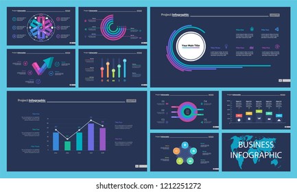 Informational chart design set for business presentation concept. Can be used for workflow layout, annual report, web design. Process chart, option chart, flowchart, comparison graph, bar graph