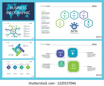 Informational chart design set for business presentation concept. Can be used for workflow layout, annual report, web design. Process chart, option chart, flowchart, comparison graph, bar graph