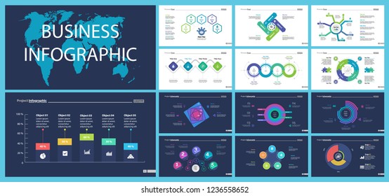 Informational chart design set for business presentation concept. Can be used for workflow layout, annual report, web design. Process chart, option chart, flowchart, comparison graph, bar graph