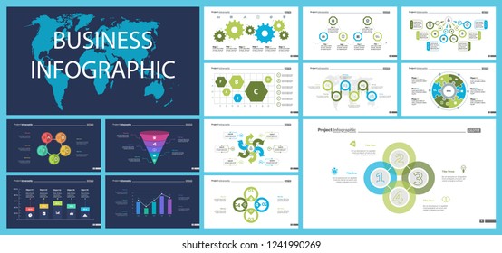 Informational chart design set for business presentation concept. Can be used for workflow layout, annual report, web design. Process chart, option chart, flowchart, comparison graph, bar graph