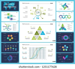 Informational chart design set for business presentation concept. Can be used for workflow layout, annual report, web design. Process chart, option chart, flowchart, comparison graph, bar graph