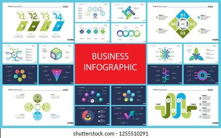 Informational chart design set for business presentation concept. Can be used for workflow layout, annual report, web design. Process chart, option chart, flowchart, comparison graph, bar graph