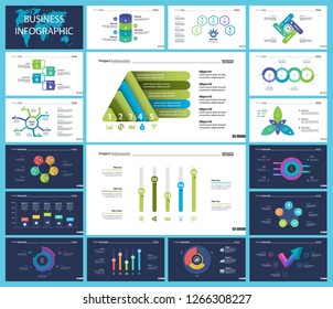 Informational chart design set for business presentation concept. Can be used for workflow layout, annual report, web design. Process chart, option chart, flowchart, comparison graph, bar graph