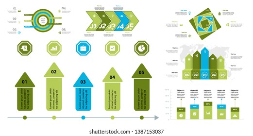 Informational chart design set for business presentation concept. Can be used for workflow layout, annual report, web design. Process chart, option chart, flowchart, comparison graph, bar graph
