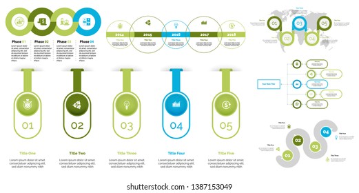 Informational chart design set for business presentation concept. Can be used for workflow layout, annual report, web design. Process chart, option chart, flowchart, comparison graph, bar graph