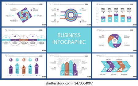 Informational chart design set for business presentation concept. Can be used for workflow layout, annual report, web design. Process chart, option chart, flowchart, comparison graph, bar graph