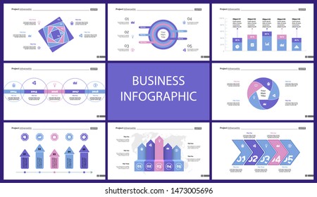Informational chart design set for business presentation concept. Can be used for workflow layout, annual report, web design. Process chart, option chart, flowchart, comparison graph, bar graph