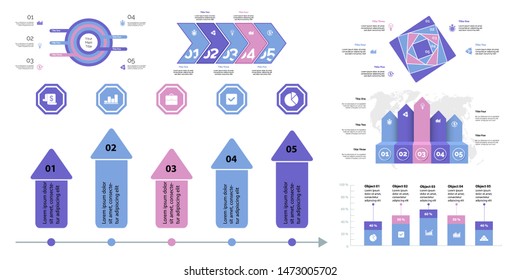 Informational chart design set for business presentation concept. Can be used for workflow layout, annual report, web design. Process chart, option chart, flowchart, comparison graph, bar graph