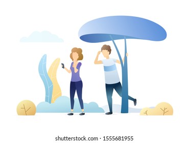 Informational espionage flat vector illustration. Woman holding phone and man peeping cartoon characters. Stealing confidential data. Relationship distrust, personal space invasion, privacy violation.