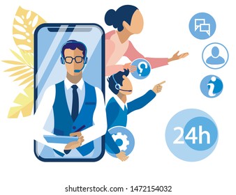 Informational Flyer Call Center Statistics Flat. Phone Calls at Call Centers are Monitored and Recorded. On Screen Smartphone, Guy Operator makes Entries Cartoon. Vector Illustration.