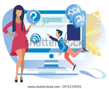 Informational Flyer Chat Bot Call Center Flat. Dynamic Setting in Call Center. Balloons are Tied to Guys Back and he Flies to Laptop. Girl in Dress Holding Information Button. Vector Illustration.