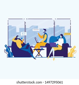 Informational Flyer Commodity Policy Cartoon Flat. Creating Positive Public Opinion Regarding Specific Individuals. Men and Women have Rest During Lunch Break. Vector Illustration.