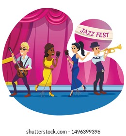 Informational Flyer Concert Jazz Band Fest Flat. Idea Festival its Successful Implementation. Handsome Men Play Trumpet and Guitar, Stylish Girls in Evening Dresses Play Jazz. Vector Illustration.