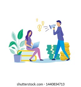 Informational Flyer Control and Time Management. Woman Sitting on Books and Working on Laptop. Head Loudspeaker Gives Instructions to Employee. Vector Illustration on White Background.