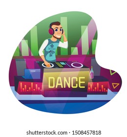 Informational Flyer Dj Disco Dance Cartoon Flat. Top Night on Main Dance Floor Nightclub. Man with Beard Listens to Music with Headphones at Work in Nightclub. Vector Illustration.