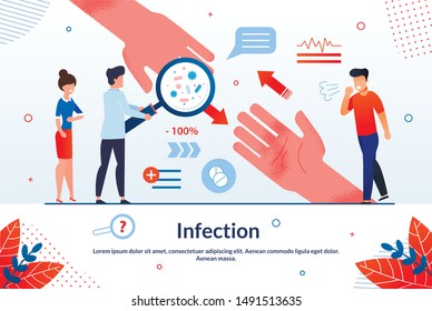 Informational Flyer Infection Lettering Cartoon. Unusual Situations when Need to Take Emergency Measures. Man Looks at Germs Through Magnifier, Infected People are Standing Nearby.