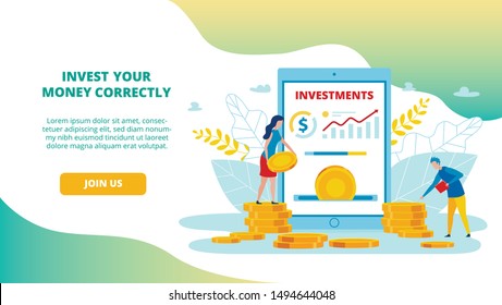 Informational Flyer Invest Your Money Correctly. Banner Setting Up and Managing Targeted Ads. Application for Investment. People Put Gold Coins into Business Cartoon. Vector Illustration.