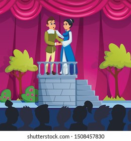 Informational Flyer Invitation to Theater Flat. Banner Actors Memorize Script and Reproduce in Subsequent Performances. Poster Audience Watches and Listens Cartoon. Vector Illustration.