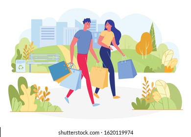 Informational Flyer, Joint Weekend Shopping Flat. Young Couple have Fun Together, Carries Shopping Bags. They Walk past Park and Talk. Behind them are Colorful Trees and View Big City.