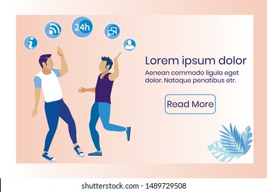 Informational Flyer Leisure Call Center Employees. Communication During Work Breaks. Guys Friends Happily Greet Each other. Friendly Team Communicates on Weekend. Vector Illustration.