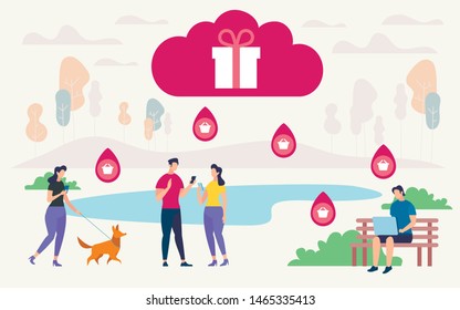 Informational Flyer Online Gift Selection Flat. Men and Women Walk Through City Park. There Big Cloud in Sky from which Gifts are Poured. People Order Products Online. Vector Illustration.