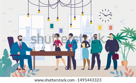 Informational Flyer Reception Employees at Head. Men and Women are Standing in Office with Documents in Office Boss, with Goal an Audience. Boss Signs Petition from Employees. Vector Illustration.