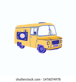 Informational flyer retro bus cartoon Bright colorful car. washing machine logo. Transport customer service, Bus equipment washing cleaning products different fabrics. Vector, illustration