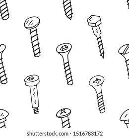 Informational flyer seamless pattern screw. Hand-drawn different types screws screwed into surface. Seamless pattern for printing onto fabric wrapping paper. Vector illustration.