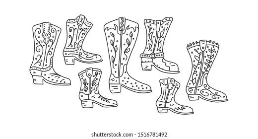 Informational flyer set cowboy boot hand drawn. Shoes different sizes and with various ornaments. Leather products. Cowboy boots with leather straps. Vector illustration.