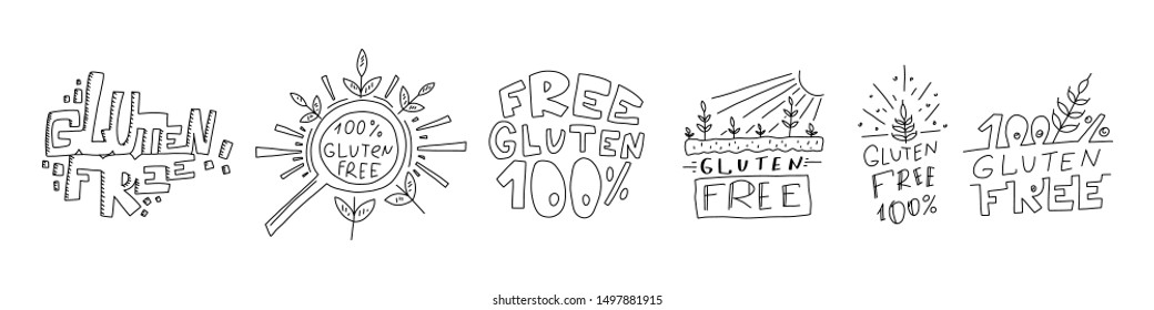 Informational flyer set inscription free gluten. Gluten-free Letering. Hand drawn sketch. Healthy healthy diet. Food without harmful substances. Items for packaging. Vector illustration.