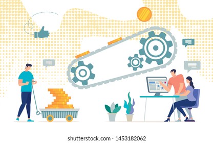 Informational Flyer Successful Mining Gold Coins. Conceptual Idea Methods and Ways to Generate Virtual Income. Man Loaded Cart with Coins from Conveyor. People Sit at Computer. Vector Illustration.