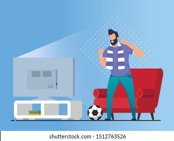 Informational Flyer Watching Football at Home. Banner Viewing Sports Program at Home.  Bearded Man is Standing at Home Near Tv and Actively Supports Football Team. Vector Illustration.