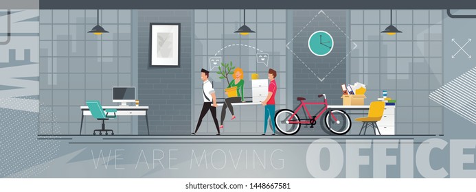 Informational Flyer we are Moving Office Lettering. Poster Men Carry Table in Office on Which Woman Sits Cartoon. Flat Banner Rearrangement Furniture in Rented Room. Vector Illustration.