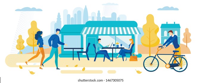 Informational Flyer Weather Conditions in Autumn. Guy with Girl Sitting in Cafe at Table. Man Walks With Bicycle Along City Street. People Walk Down Street in Fall. Vector Illustration.