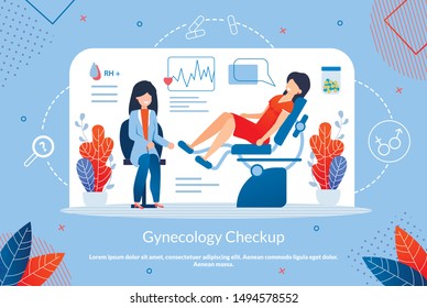 Informational Flyer Written Gynecology Checkup. Careful Attention to Work Internal Organs. Woman Lies on an Examination Chair, Next to Woman is Gynecologist Cartoon. Vector Illustration.