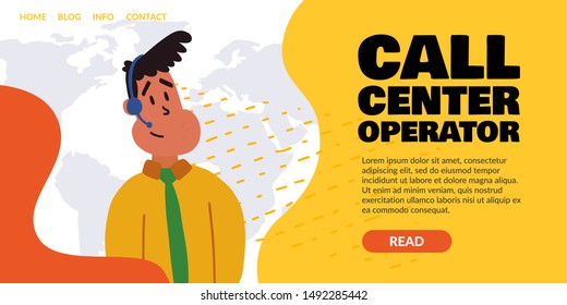 Informational flyer written virtual call center. International information site for consultation on various issues. ability to quickly get information on necessary issue. Joyful employee.