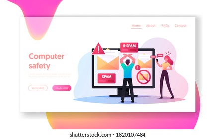 Informational Garbage, Email Newsletters. Landing Page Template. Tiny Male Character Stand front of Huge Computer Monitor with Spam Warning and Envelopes on Screen. Cartoon People Vector Illustration