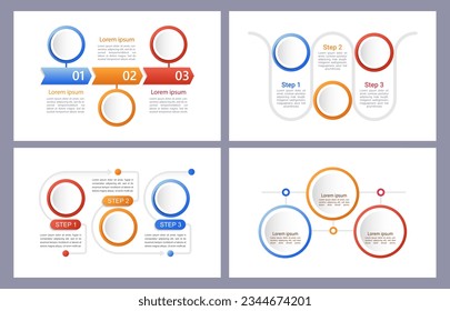 Guía de información con conjunto de plantillas de diseño de gráficos de infografía de celdas redondas. Resumen del kit de infografías con espacio de copia. Gráficos instructivos con secuencia de 3 pasos. Presentación de datos visuales