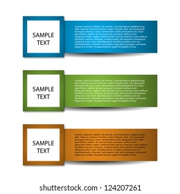 Informational Header Designs or Banner Set – 3 Colored Layouts with Sample Text and Placeholder Content. A vertical stack of three rectangular banners, each featuring a colored frame and a clean layout with a left-aligned square labeled "SAMPLE TEXT" and a longer rectangular section containing white placeholder text. The top banner is blue, the middle green, and the bottom orange. These modern and versatile designs are ideal for use in presentations, infographics, promotional materials, and web interfaces. Suitable for both commercial and editorial use across print and digital platforms.