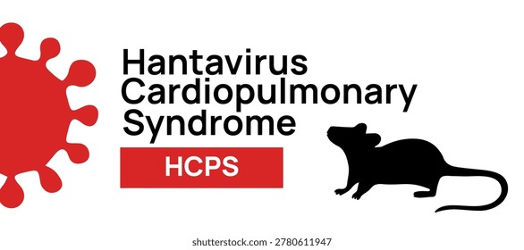 Informational layout containing the text Hantavirus Cardiopulmonary Syndrome in bold black lettering with a red HCPS abbreviation box. The composition includes a red solid virus icon on the left and a detailed black silhouette of a rat on the right. This medical graphic highlights the link between rodent carriers and respiratory diseases for educational and public health use.