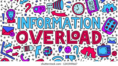 Informational overload. Lettering with doodle illustrations. Horizontal banner