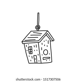 Informational poster birdhouse sketch hand drawn. Closed, artificial nesting for small birds. Hanging house for birds. Vector illustration.